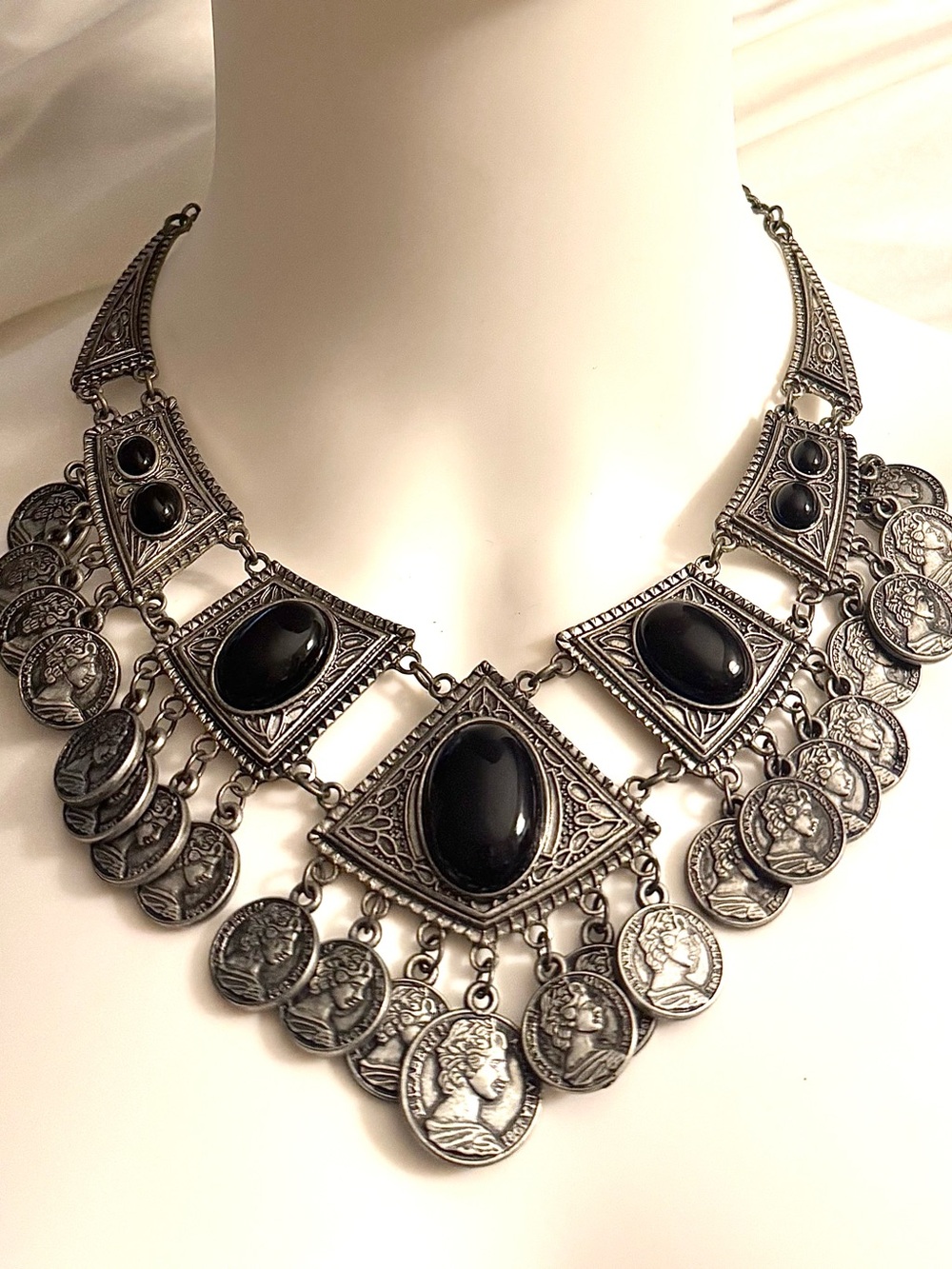 Bohemian Black Stone Coin Statement Necklace